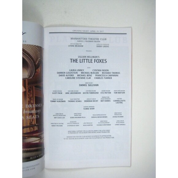 Little Foxes Playbill Opening Night 2017 Laura Linney Cynthia Nixon Manhattan - Picture 3 of 7